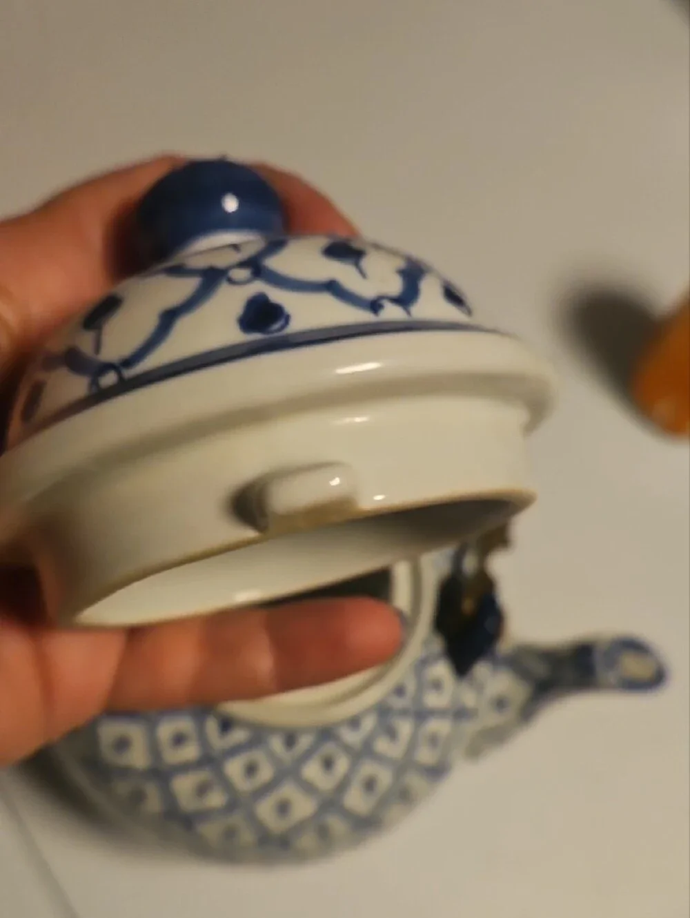 Andrea By Sadek Blue and White Ceramic Teapot with Brass Handle